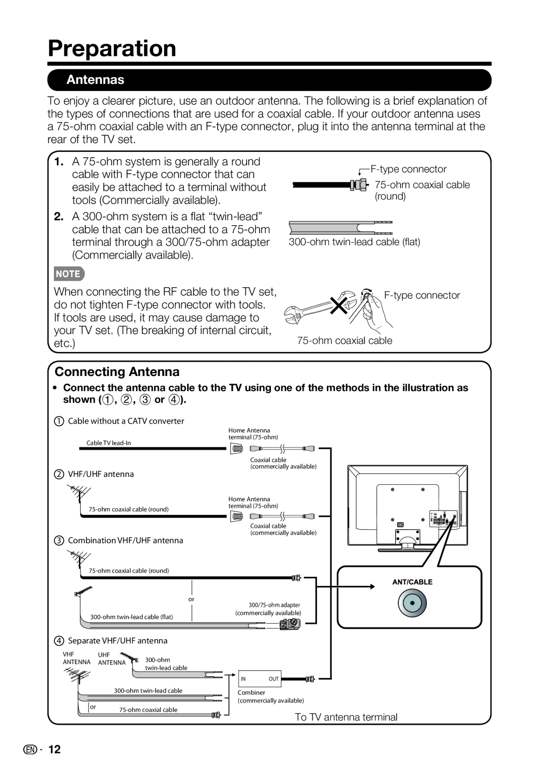 Sharp LC 42SB45U, LC-32SB28UT-A, LC-42SB48UT-A operation manual Preparation, Antennas, Connecting Antenna Cable 