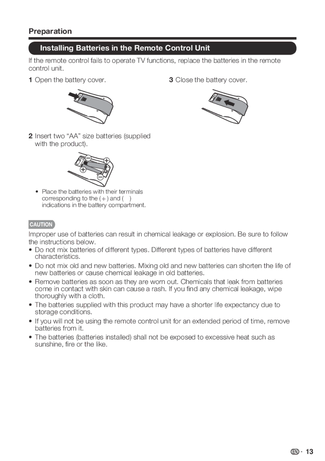 Sharp LC-32SB28UT-A, LC 42SB45U Preparation, Installing Batteries in the Remote Control Unit, Open the battery cover 