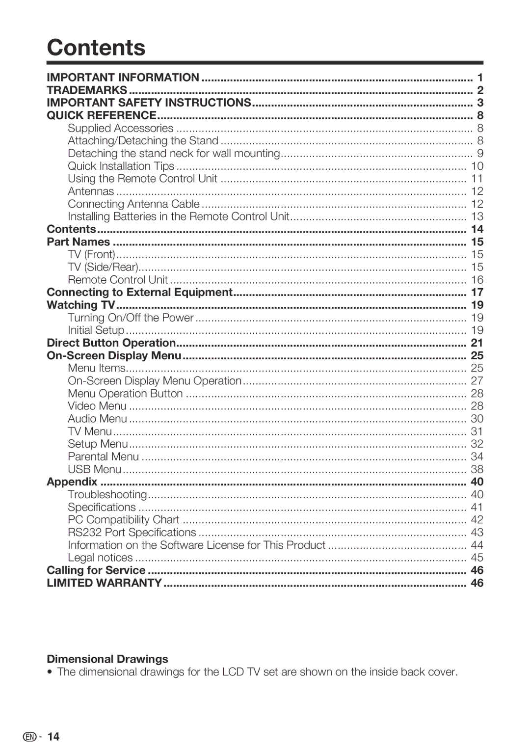 Sharp LC-42SB48UT-A, LC 42SB45U, LC-32SB28UT-A operation manual Contents 