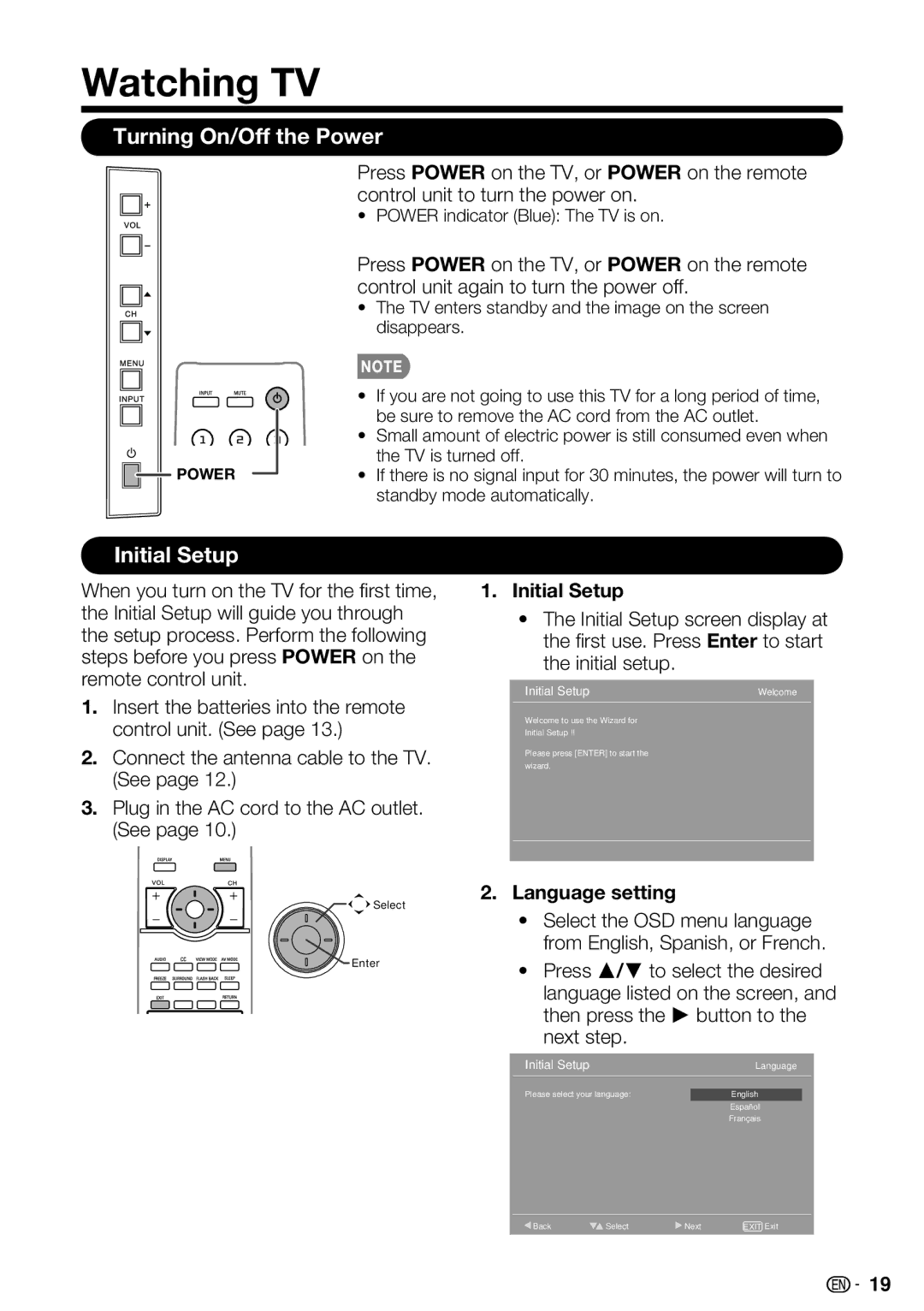 Sharp LC-32SB28UT-A, LC 42SB45U, LC-42SB48UT-A Watching TV, Turning On/Off the Power, Initial Setup, Language setting 