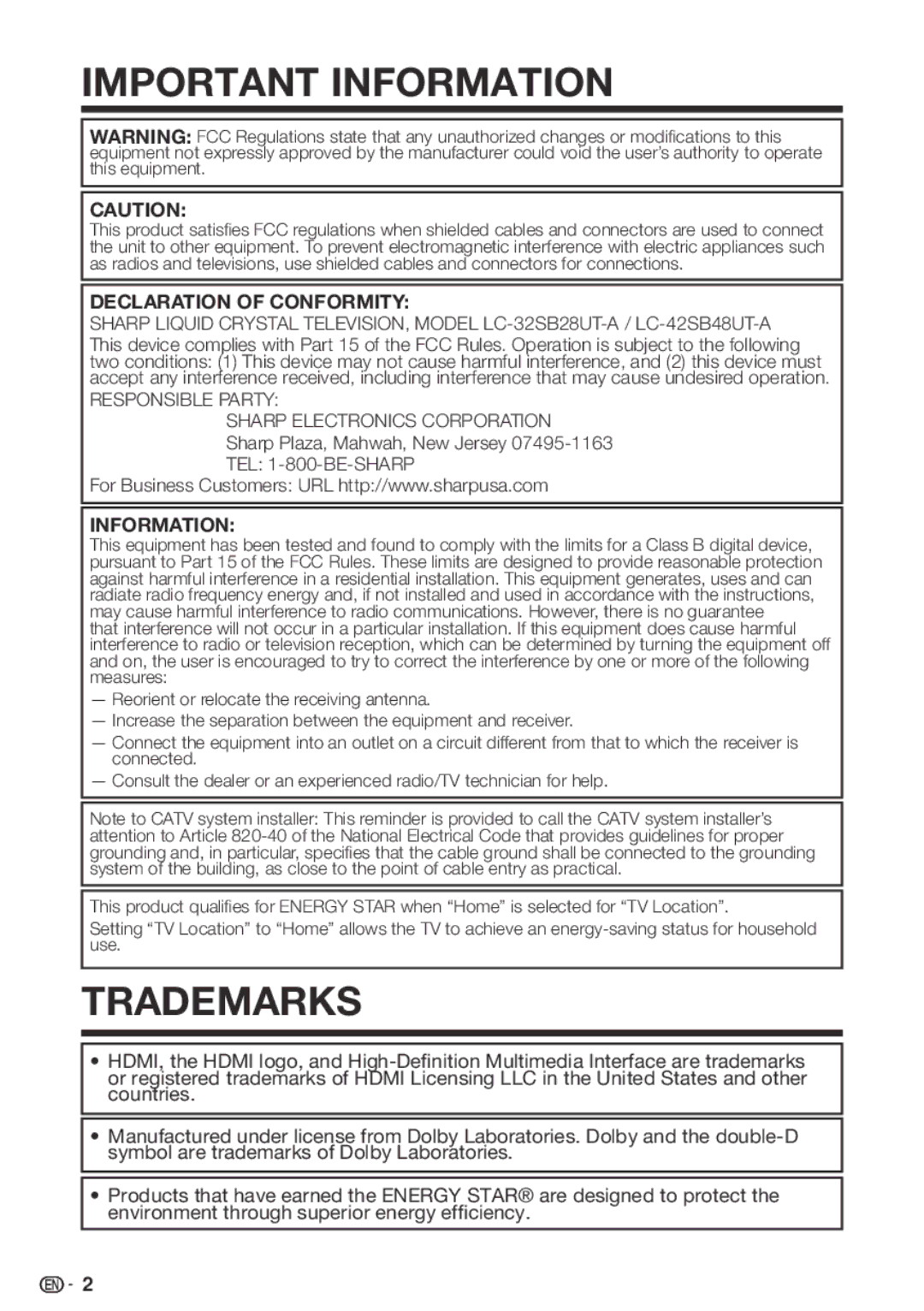 Sharp LC-42SB48UT-A, LC 42SB45U, LC-32SB28UT-A operation manual Trademarks 