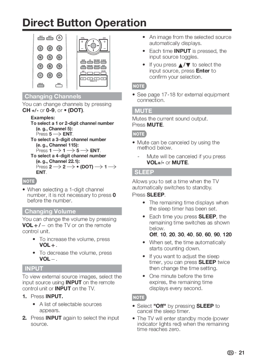 Sharp LC 42SB45U Direct Button Operation, Changing Channels, Changing Volume, Press Input, Off, 10, 20, 30, 40, 50, 60, 90 