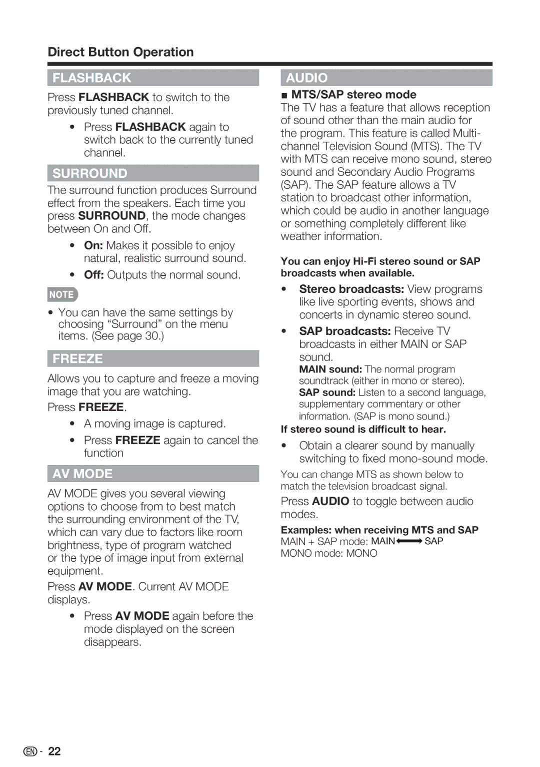 Sharp LC-32SB28UT-A, LC 42SB45U Direct Button Operation, MTS/SAP stereo mode, Press Audio to toggle between audio modes 