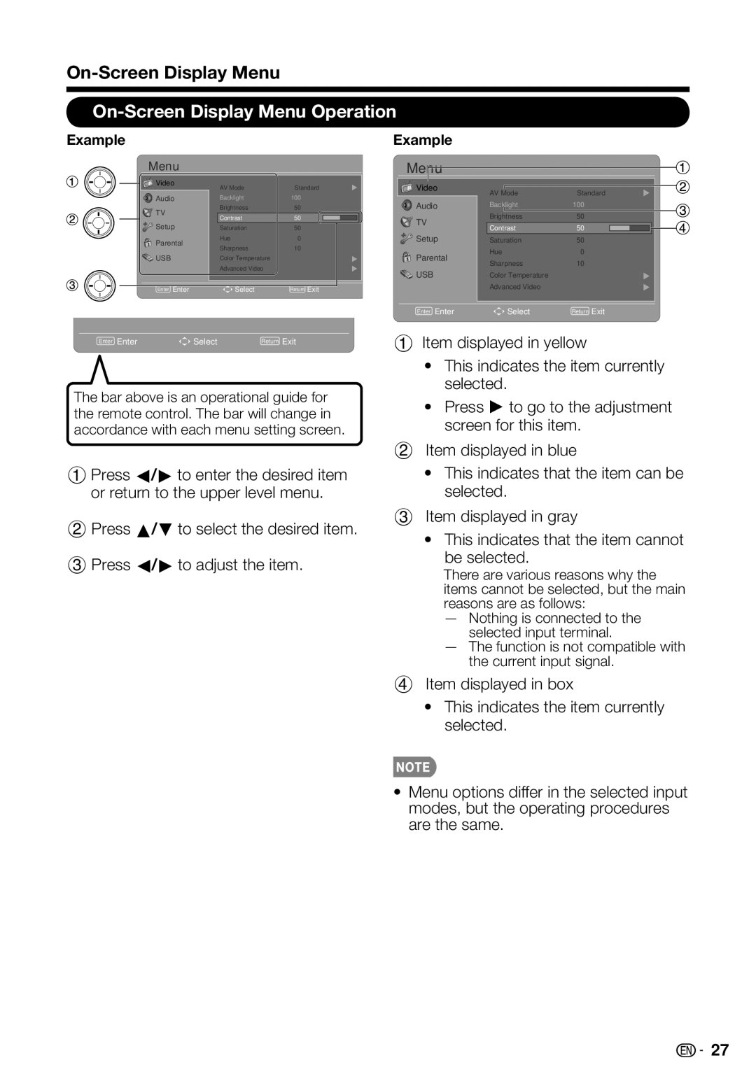 Sharp LC 42SB45U, LC-32SB28UT-A, LC-42SB48UT-A On-Screen Display Menu Operation, Item displayed in yellow, Example 