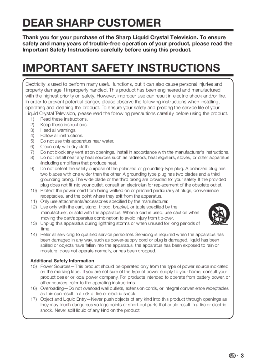 Sharp LC 42SB45U, LC-32SB28UT-A, LC-42SB48UT-A operation manual Dear Sharp Customer 