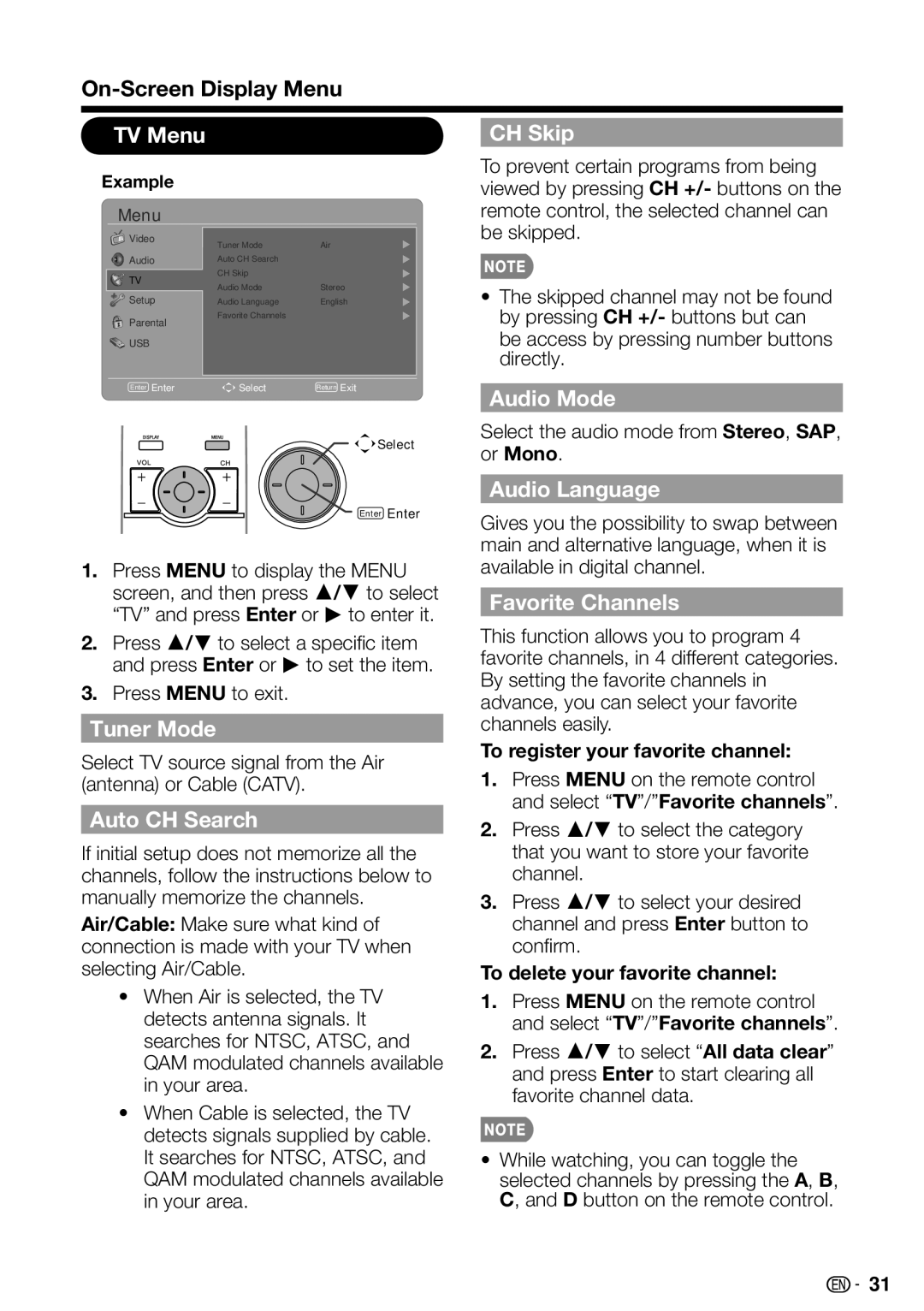 Sharp LC-32SB28UT-A, LC 42SB45U TV Menu CH Skip, Tuner Mode, Auto CH Search, Audio Mode, Audio Language, Favorite Channels 