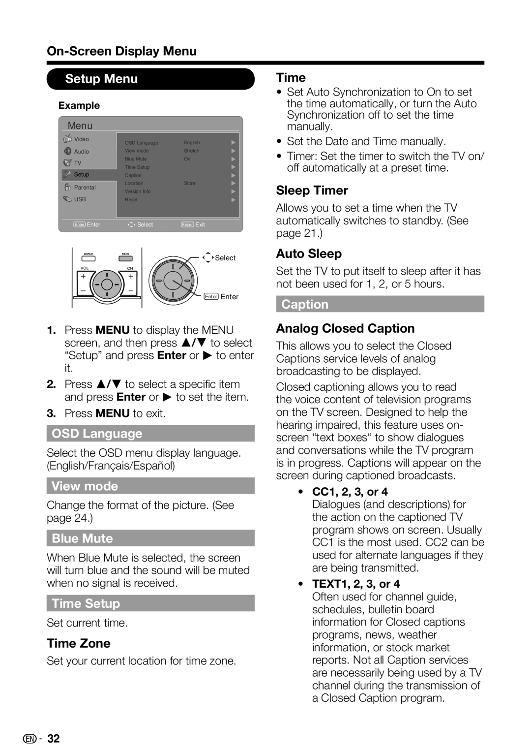 Sharp LC-42SB48UT-A, LC 42SB45U, LC-32SB28UT-A Setup Menu, OSD Language, View mode, Blue Mute, Time Setup, Caption 