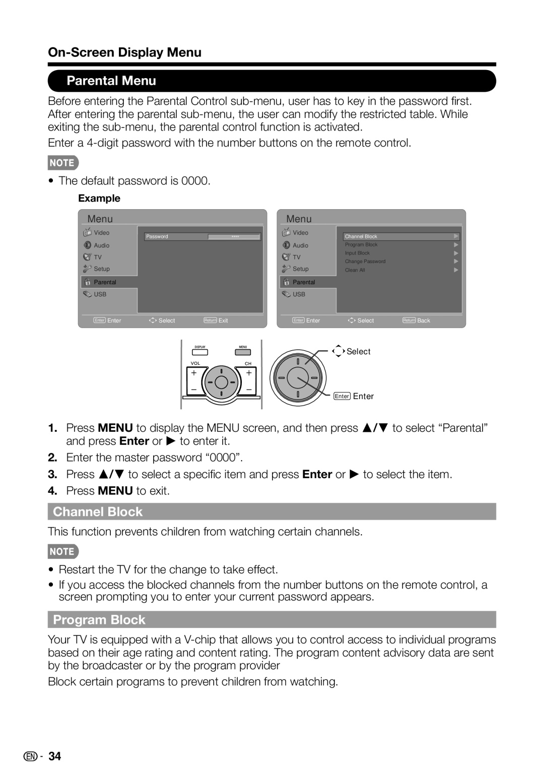 Sharp LC-32SB28UT-A, LC 42SB45U, LC-42SB48UT-A operation manual Parental Menu, Channel Block, Program Block 