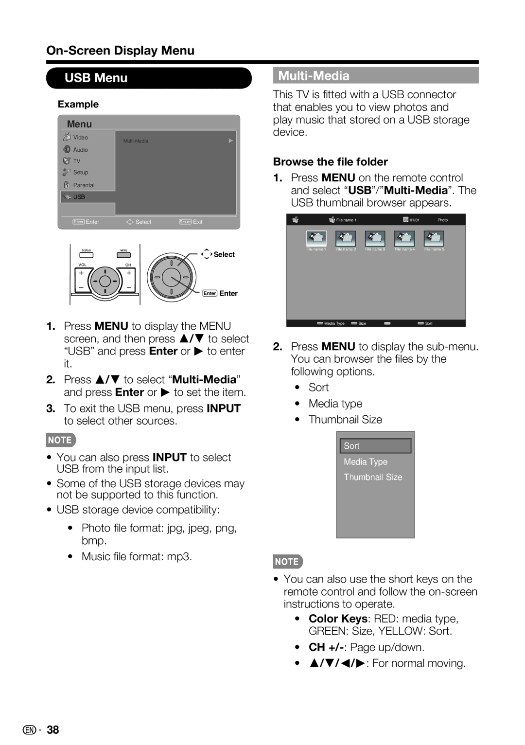 Sharp LC-42SB48UT-A, LC 42SB45U, LC-32SB28UT-A operation manual USB Menu, Multi-Media, Browse the ﬁle folder 