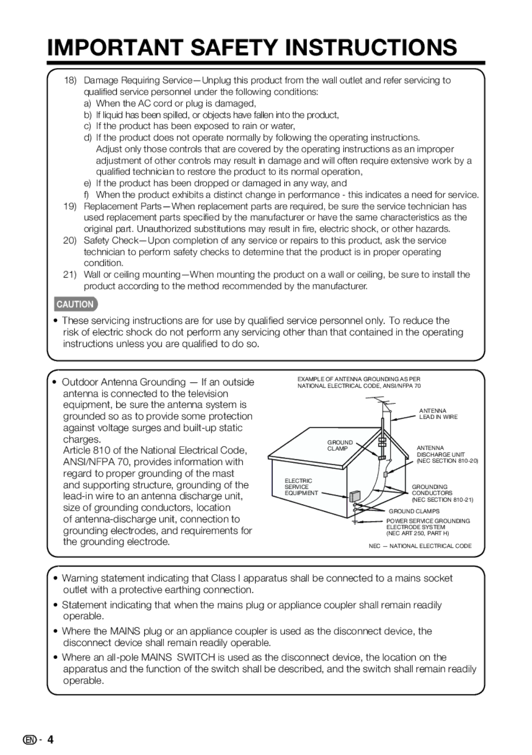 Sharp LC-32SB28UT-A, LC 42SB45U, LC-42SB48UT-A operation manual Electric Service Grounding Equipment Conductors 