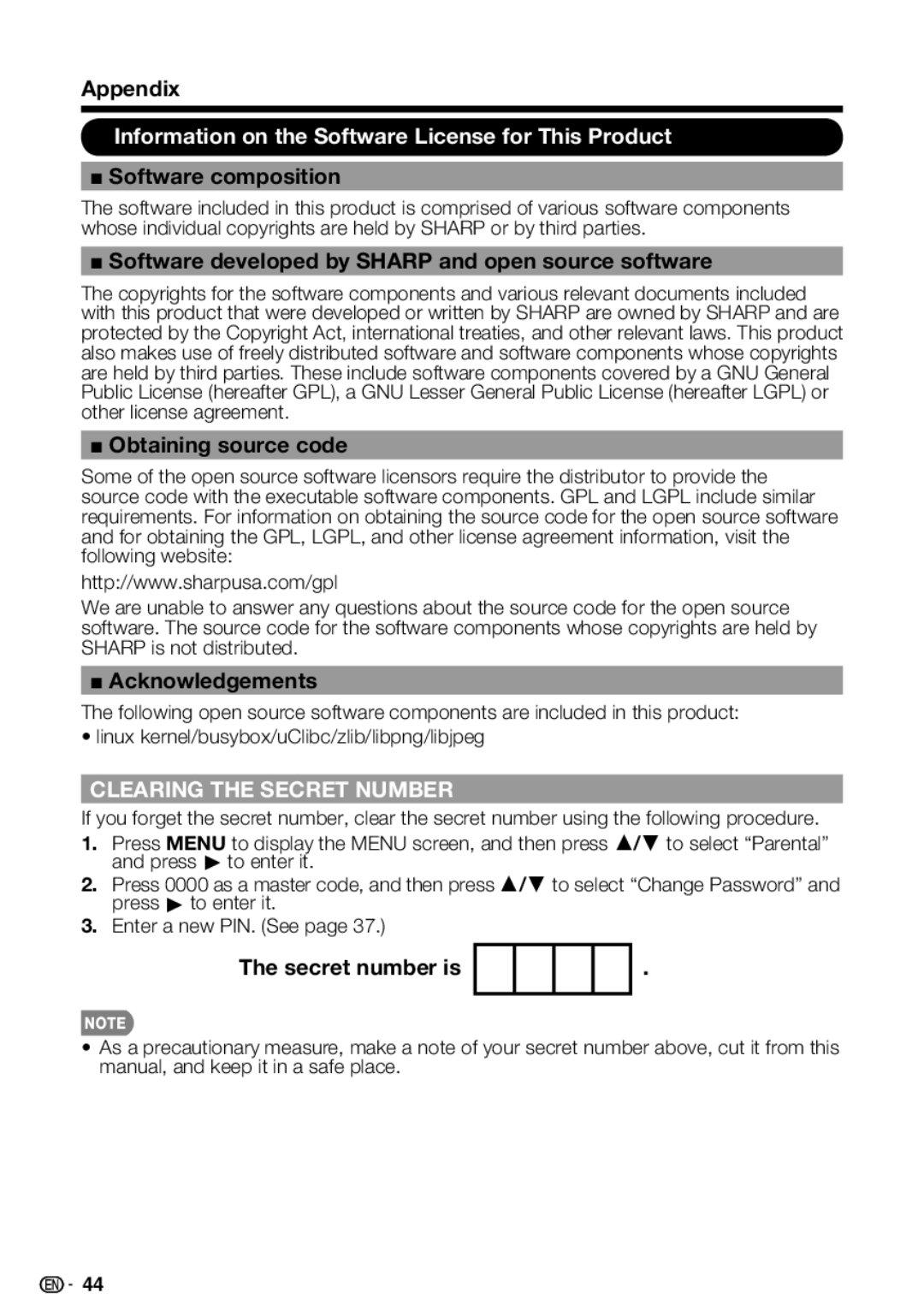 Sharp LC-42SB48UT-A, LC 42SB45U, LC-32SB28UT-A operation manual Information on the Software License for This Product 