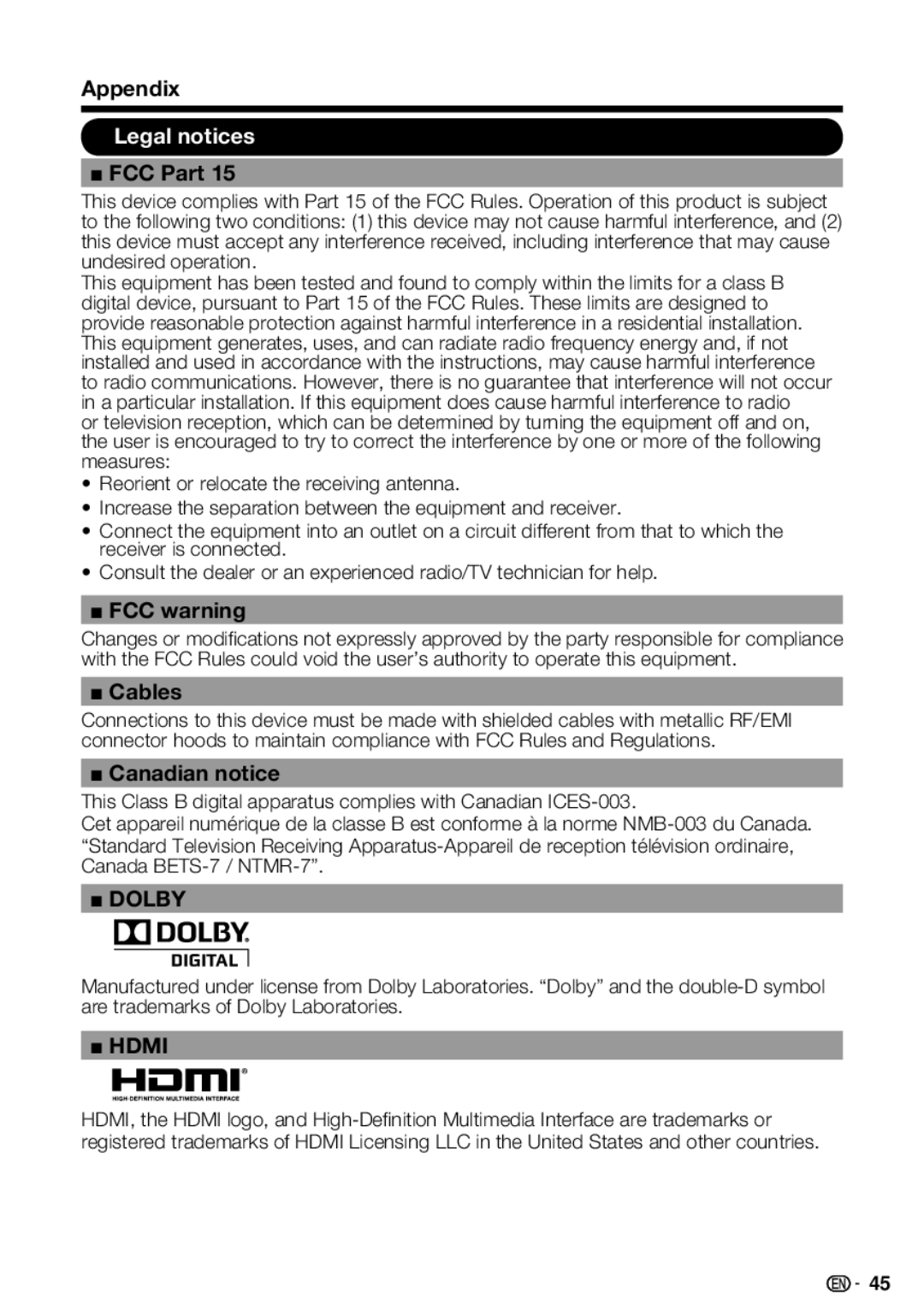 Sharp LC 42SB45U, LC-32SB28UT-A, LC-42SB48UT-A operation manual Legal notices, FCC Part, FCC warning, Cables, Canadian notice 