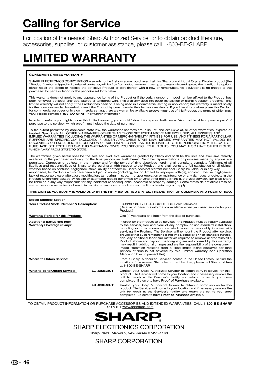 Sharp LC-32SB28UT-A, LC 42SB45U, LC-42SB48UT-A operation manual Calling for Service, Limited Warranty 