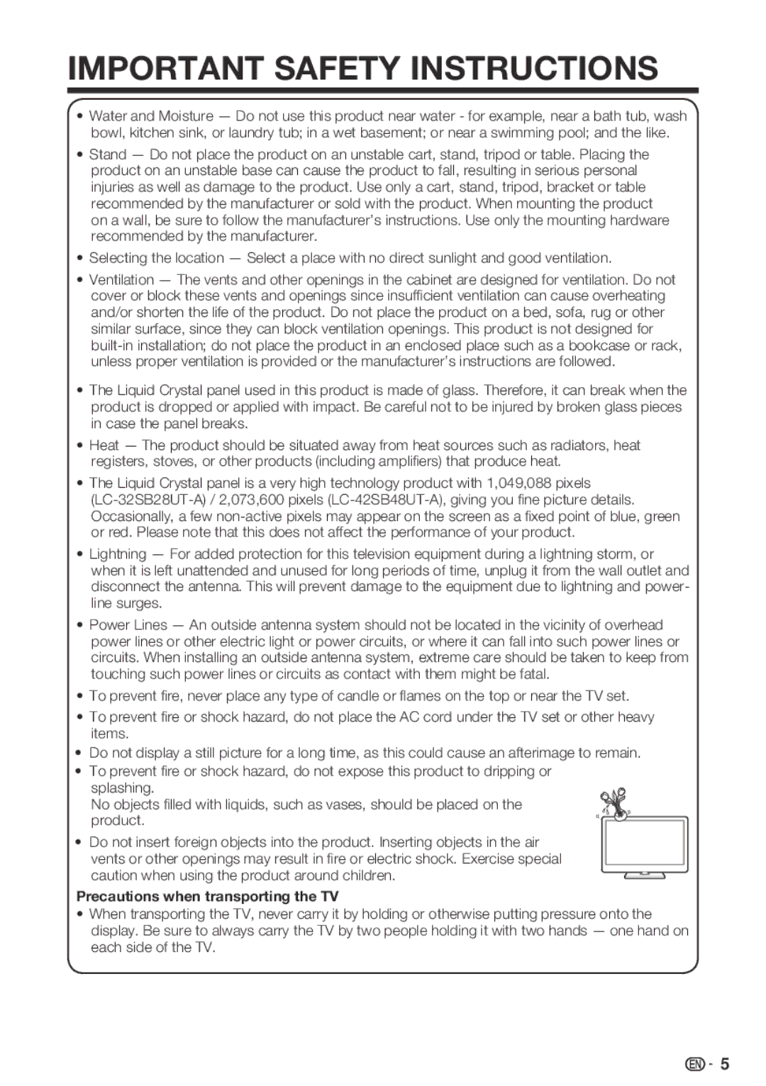 Sharp LC-42SB48UT-A, LC 42SB45U, LC-32SB28UT-A operation manual Precautions when transporting the TV 