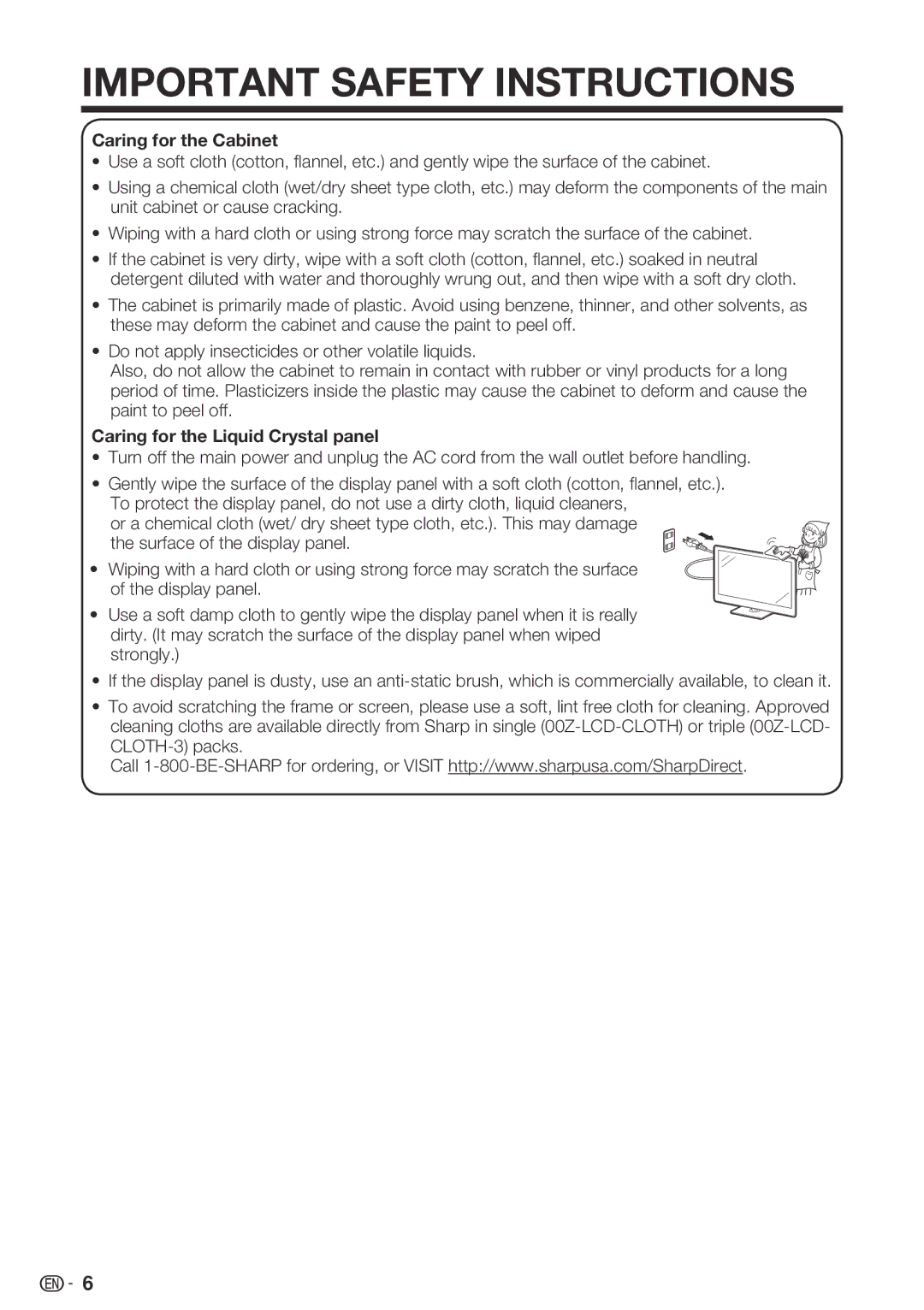 Sharp LC 42SB45U, LC-32SB28UT-A, LC-42SB48UT-A operation manual Caring for the Cabinet, Caring for the Liquid Crystal panel 