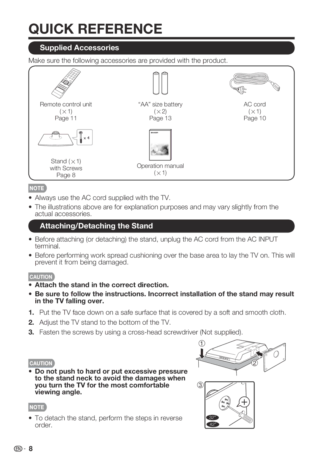 Sharp LC-42SB48UT-A, LC 42SB45U, LC-32SB28UT-A operation manual Supplied Accessories, Attaching/Detaching the Stand 