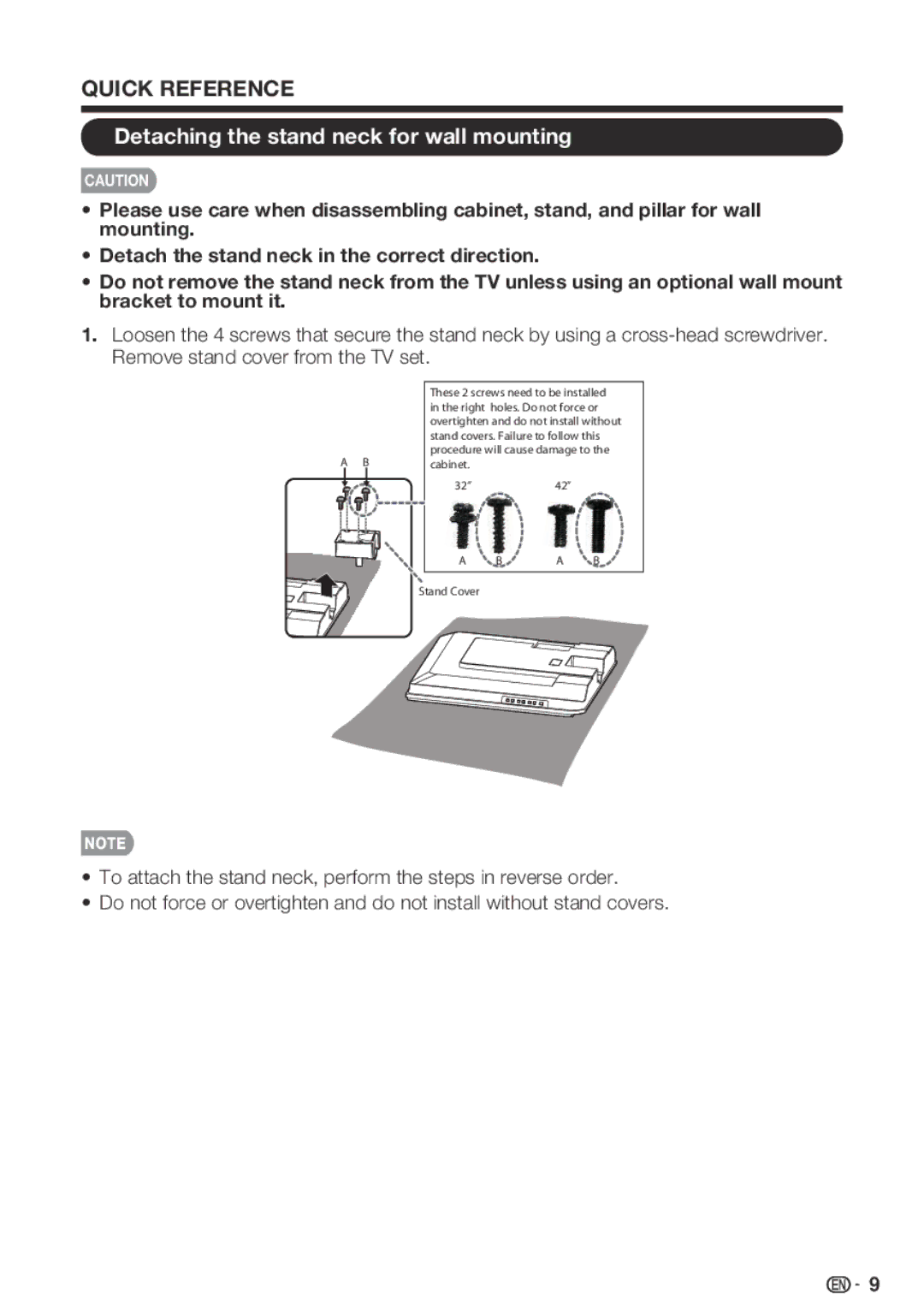 Sharp LC 42SB45U, LC-32SB28UT-A, LC-42SB48UT-A operation manual Quick Reference, Detaching the stand neck for wall mounting 