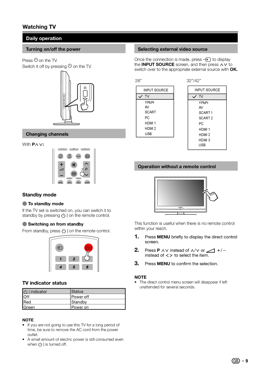 Sharp LC-26SH330E, LC-42SH330E, LC-32SH330E operation manual Watching TV, Standby mode, TV indicator status 