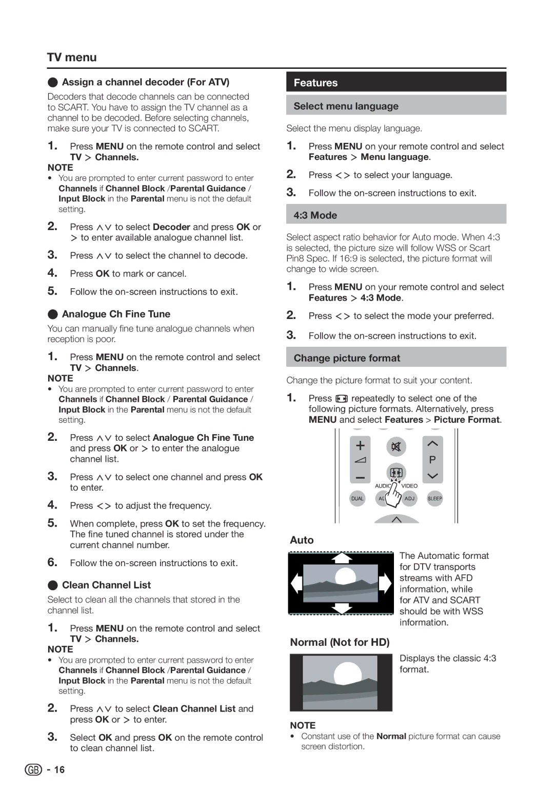 Sharp LC-32SH330E, LC-42SH330E, LC-26SH330E operation manual Features, Normal Not for HD 