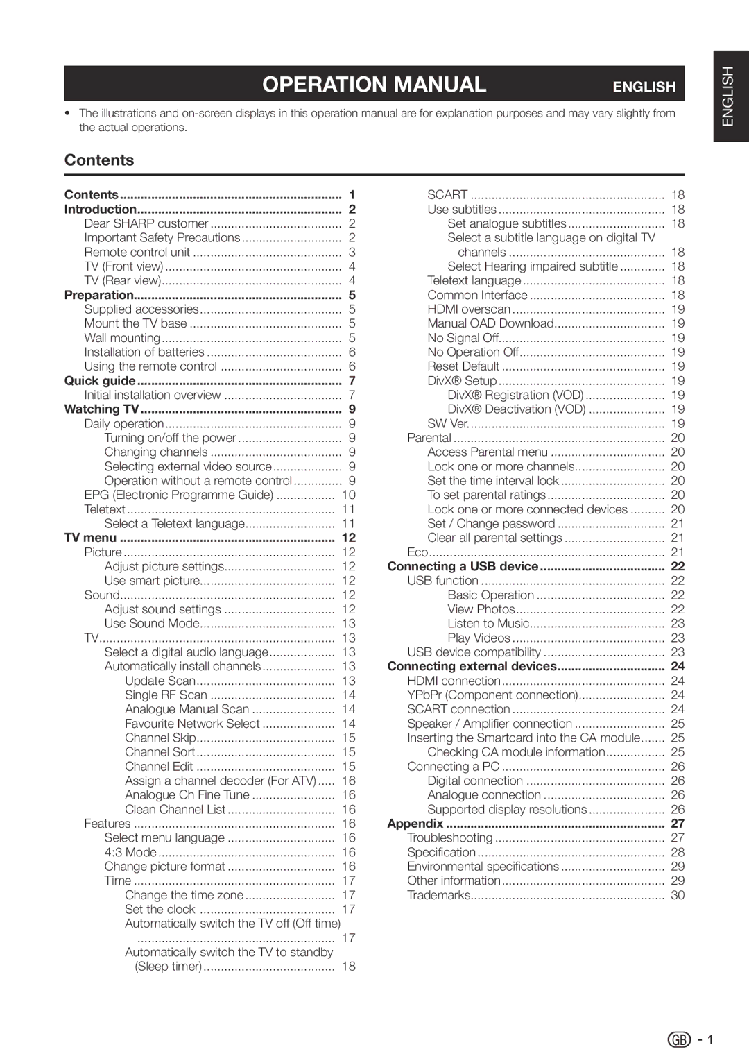 Sharp LC-32SH330E, LC-42SH330E, LC-26SH330E operation manual Contents 