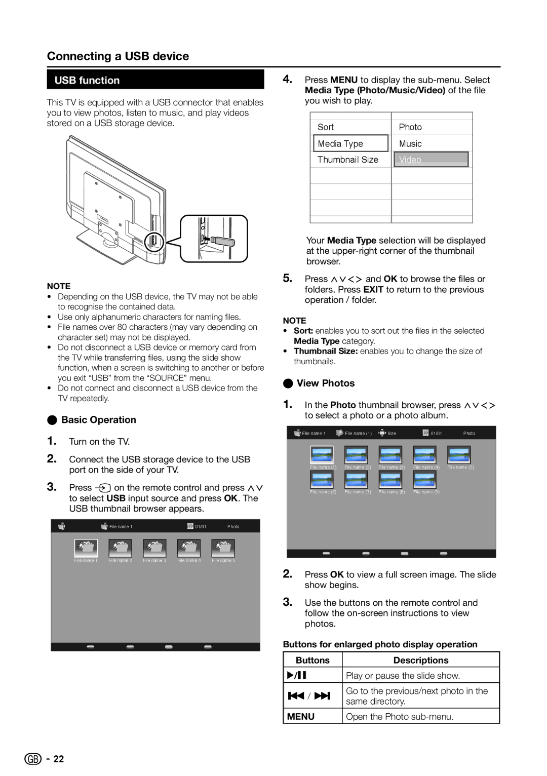 Sharp LC-32SH330E, LC-42SH330E, LC-26SH330E Connecting a USB device, USB function, EEView Photos, EEBasic Operation 