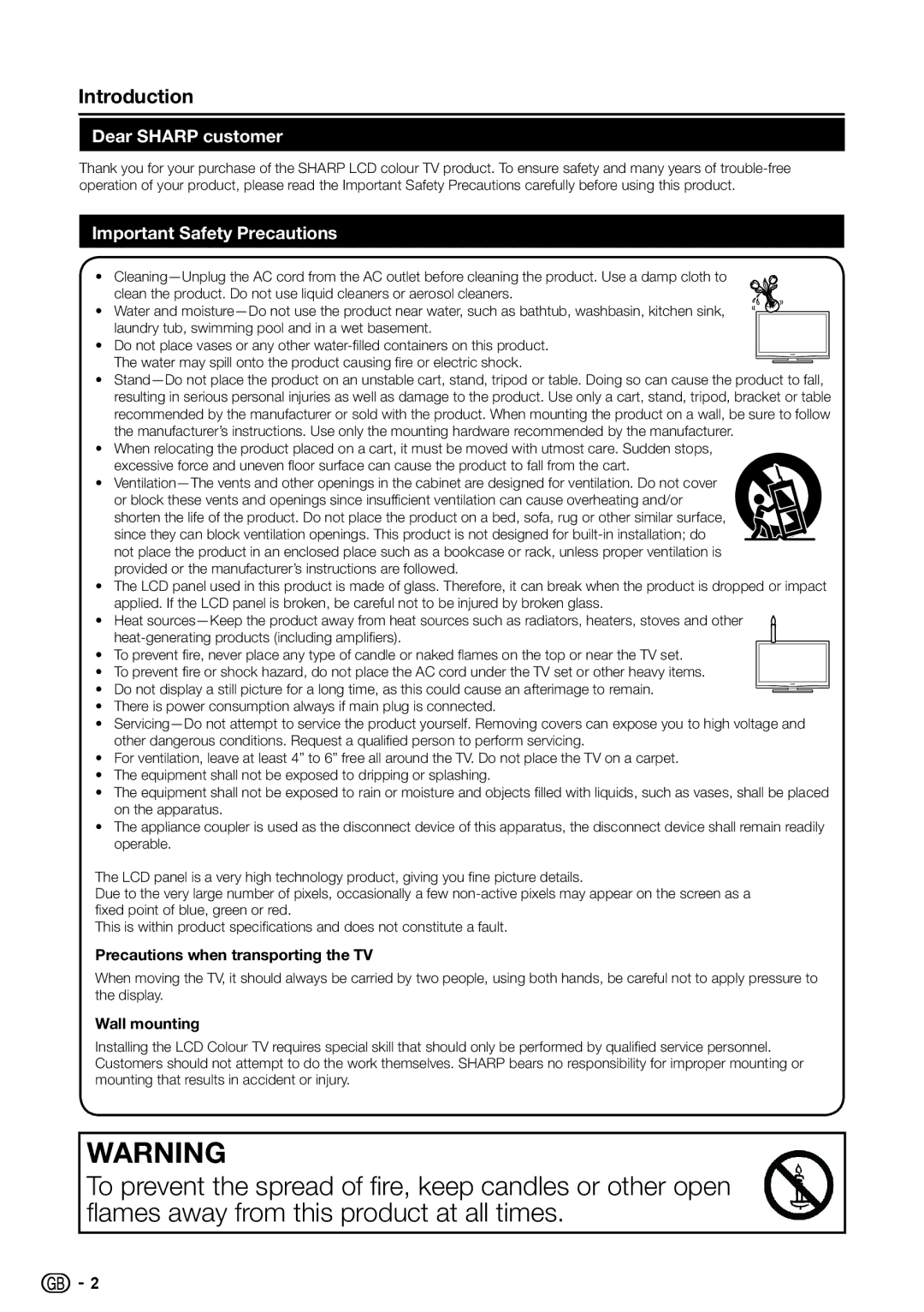 Sharp LC-42SH330E Introduction, Dear Sharp customer, Important Safety Precautions, Precautions when transporting the TV 