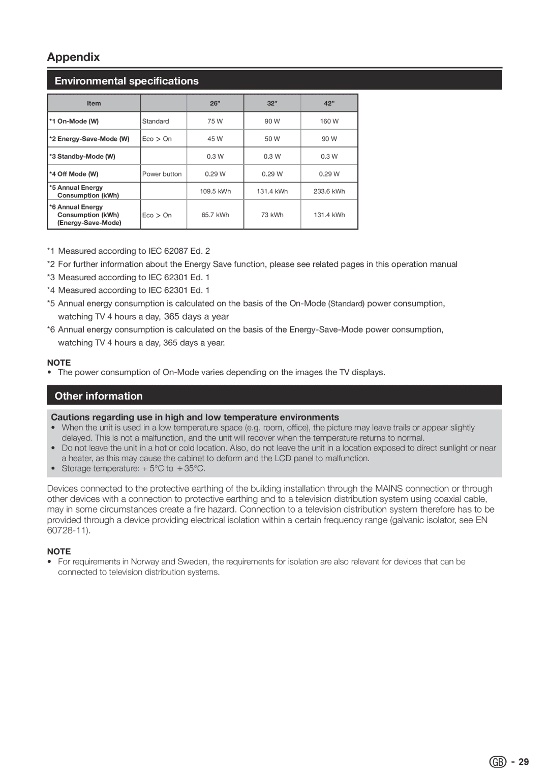 Sharp LC-42SH330E, LC-26SH330E, LC-32SH330E operation manual Environmental specifications, Other information 