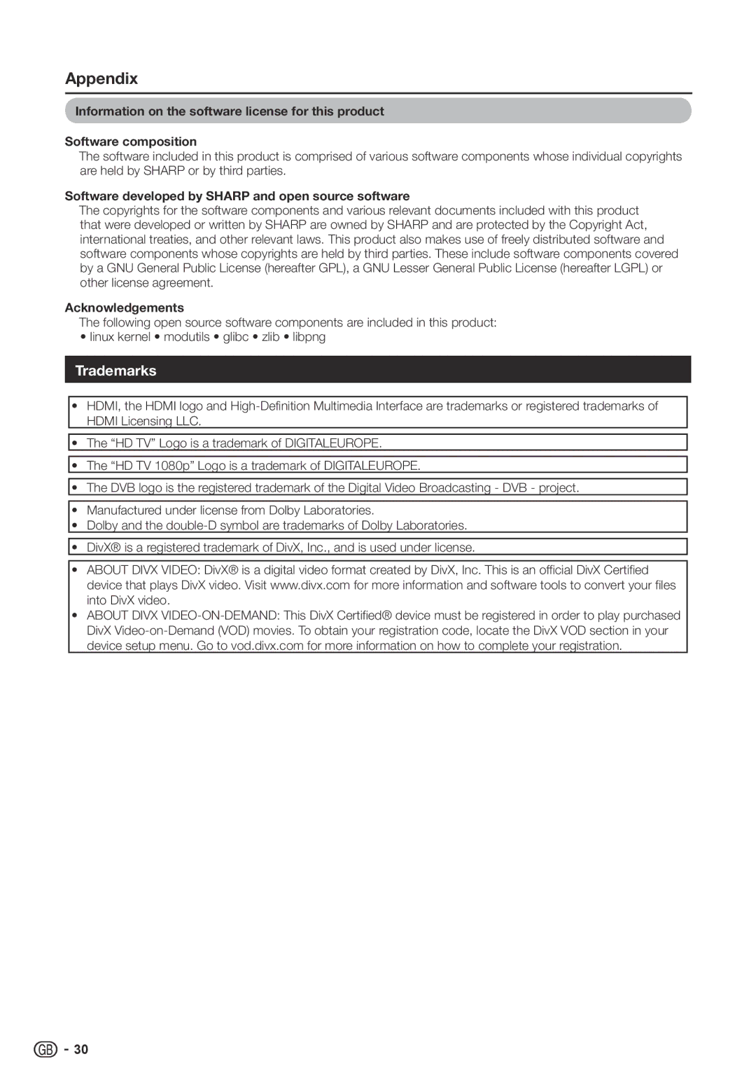 Sharp LC-26SH330E, LC-42SH330E Trademarks, Software developed by Sharp and open source software, Acknowledgements 