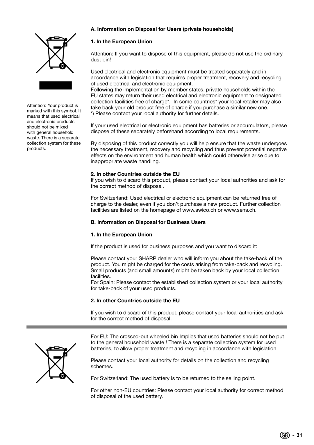 Sharp LC-32SH330E, LC-42SH330E Other Countries outside the EU, Information on Disposal for Business Users European Union 