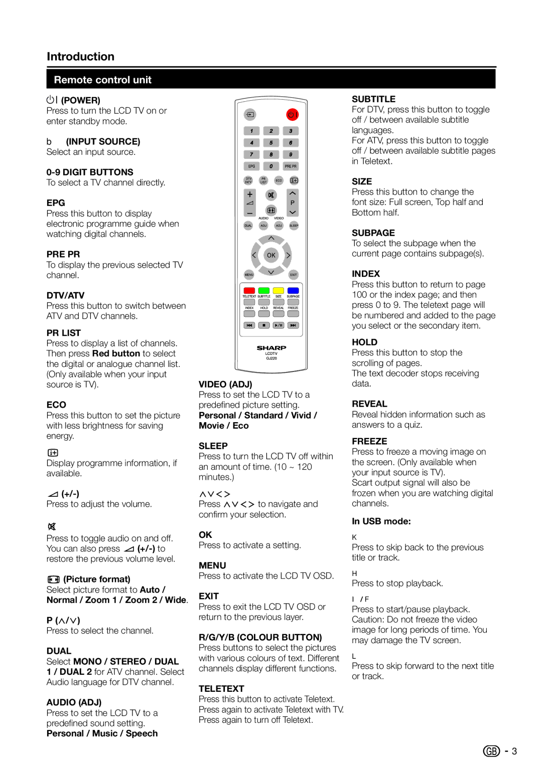 Sharp LC-26SH330E, LC-42SH330E, LC-32SH330E operation manual Remote control unit 