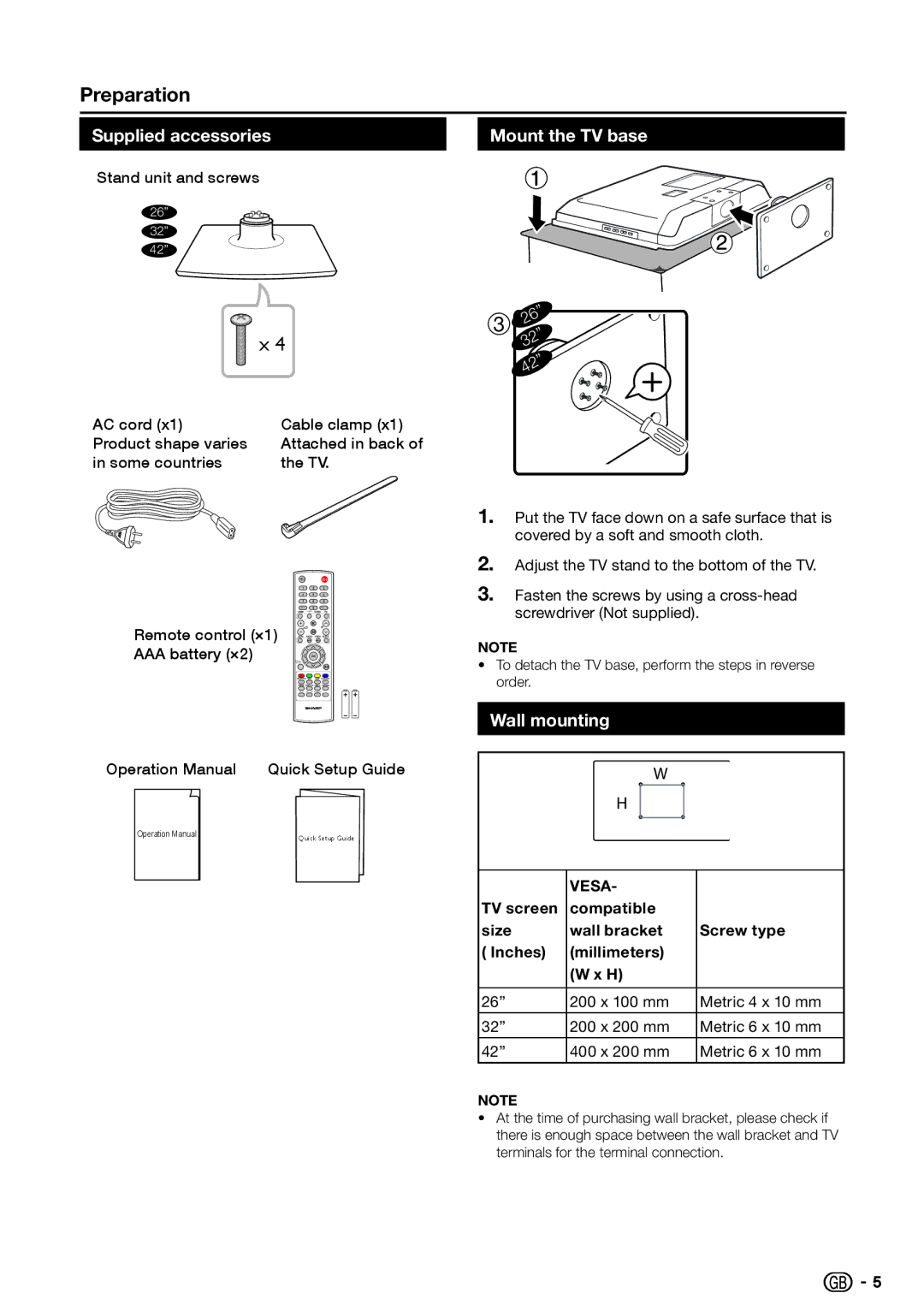 Sharp LC-42SH330E, LC-26SH330E, LC-32SH330E Preparation, Supplied accessories, Mount the TV base, Wall mounting 