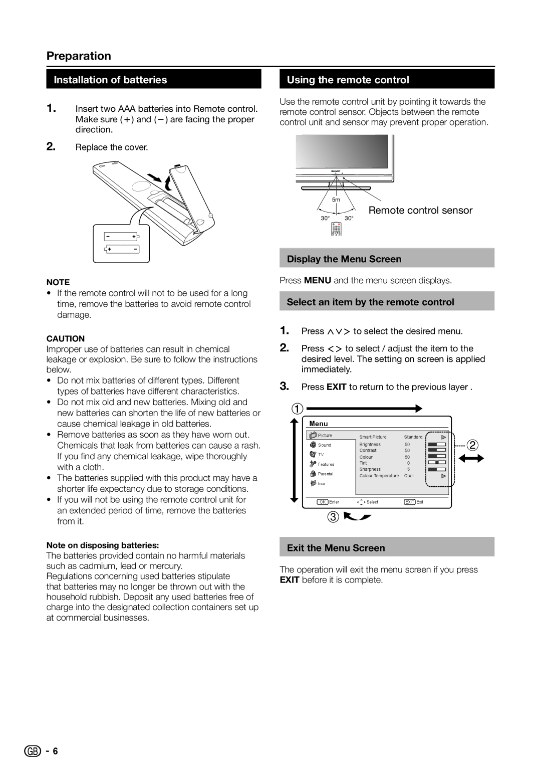 Sharp LC-26SH330E Installation of batteries, Using the remote control, Display the Menu Screen, Exit the Menu Screen 