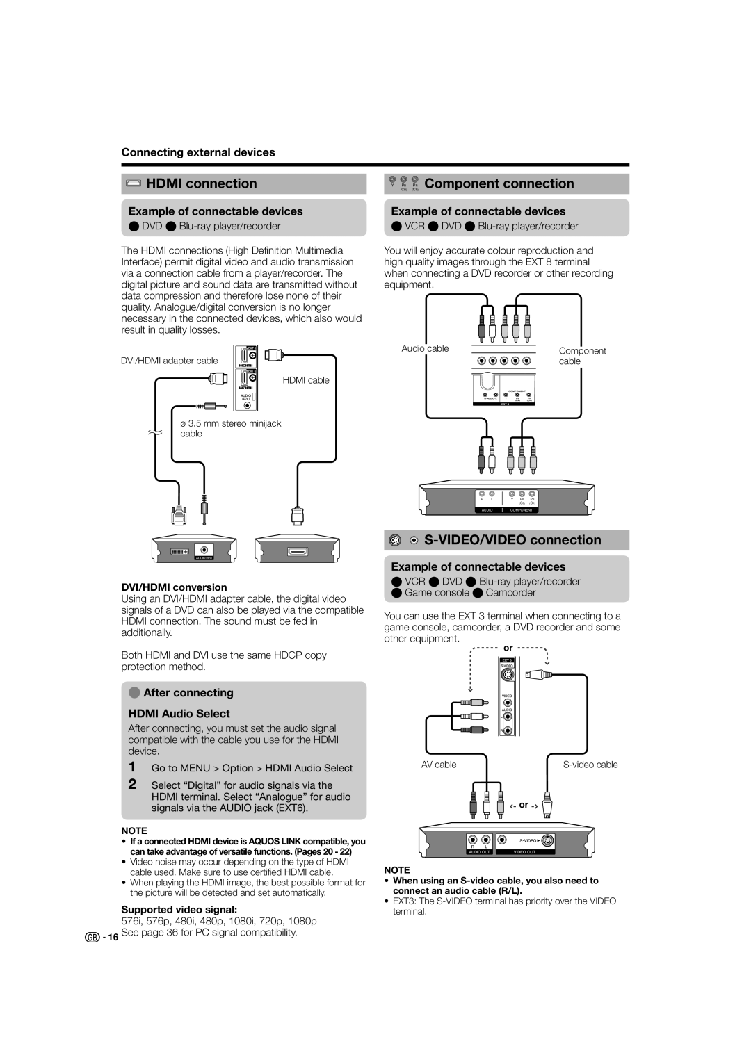 Sharp LC-52X20S, LC-46X20S Hdmi connection C R Component connection, VIDEO/VIDEO connection, Connecting external devices 