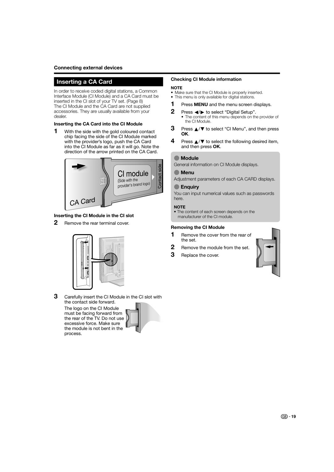 Sharp LC-46X20S, LC-42X20E LC-42X20S, LC-46X20E, LC-52X20S, LC-52X20E Inserting a CA Card, Module, Menu, Enquiry 