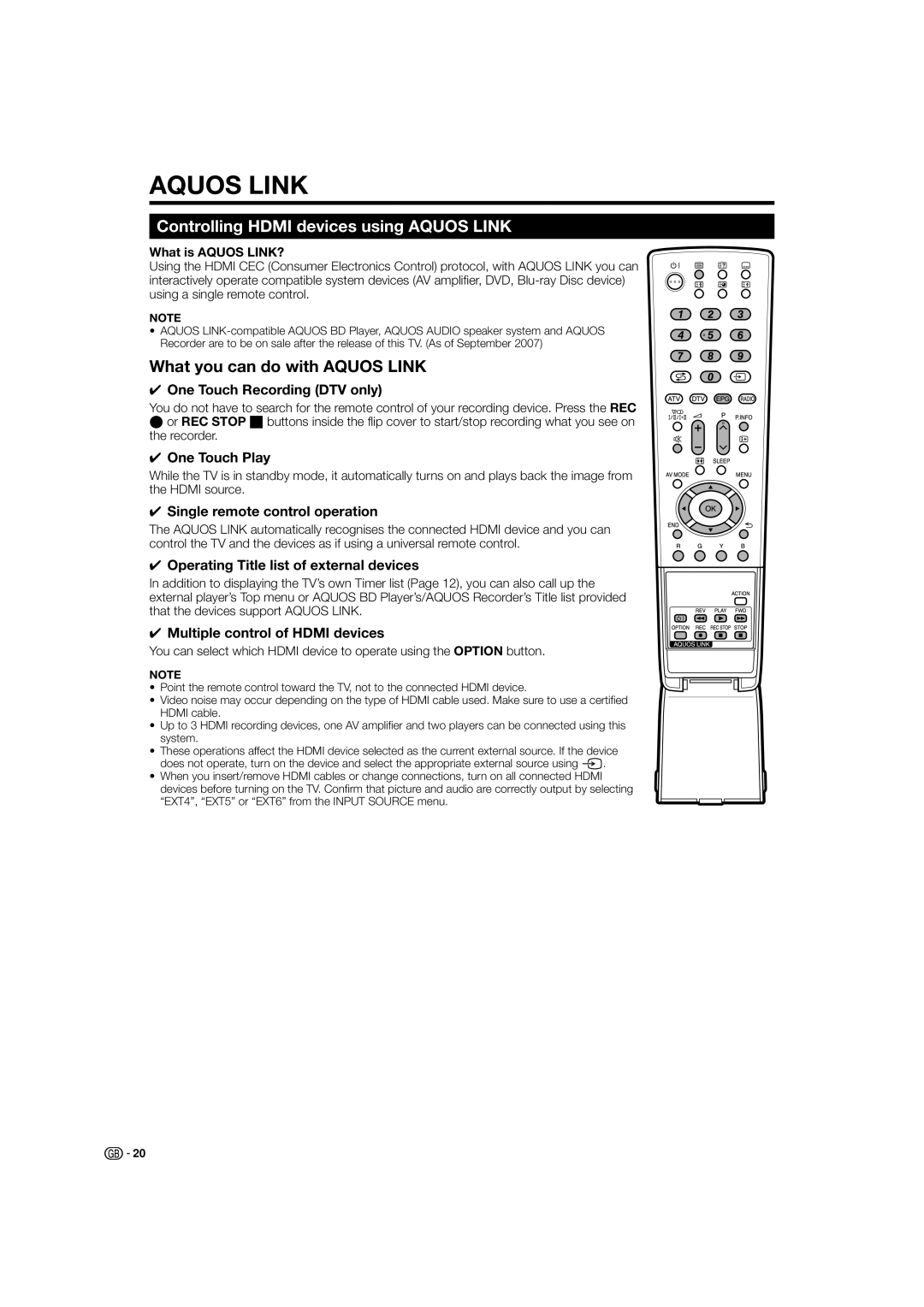 Sharp LC-46X20E, LC-42X20E LC-42X20S, LC-46X20S Controlling Hdmi devices using Aquos Link, What you can do with Aquos Link 