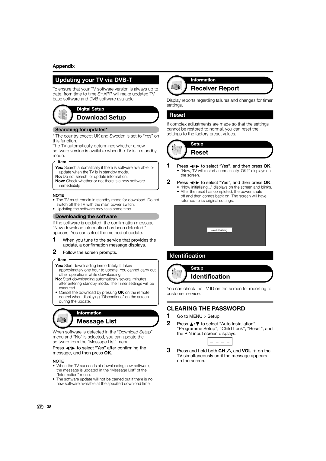 Sharp LC-42X20E LC-42X20S, LC-46X20S, LC-46X20E Download Setup, Message List, Receiver Report, Reset, Identification 