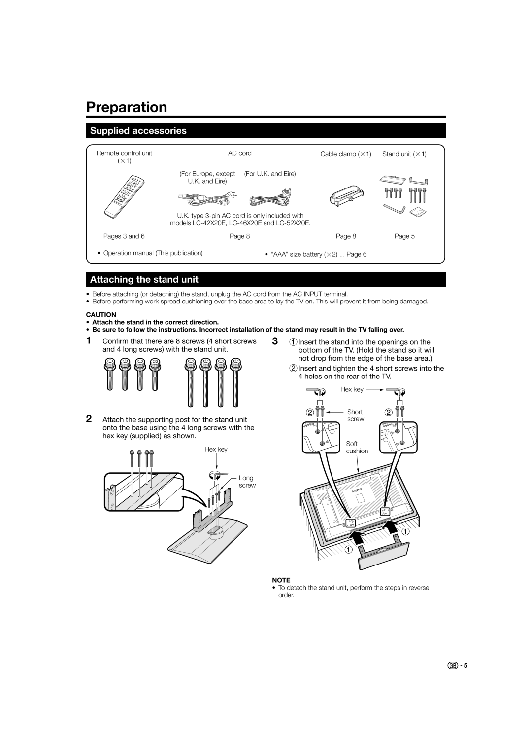 Sharp LC-46X20E, LC-42X20E LC-42X20S, LC-46X20S, LC-52X20S Preparation, Supplied accessories, Attaching the stand unit 