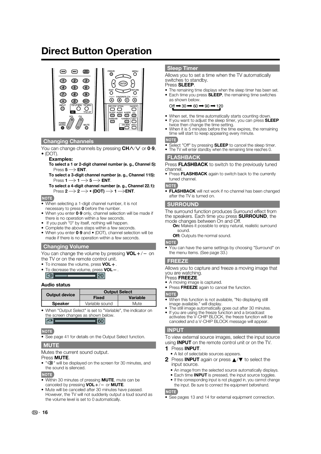 Sharp LC 46BD80UN operation manual Direct Button Operation, Changing Channels, Changing Volume, Sleep Timer 