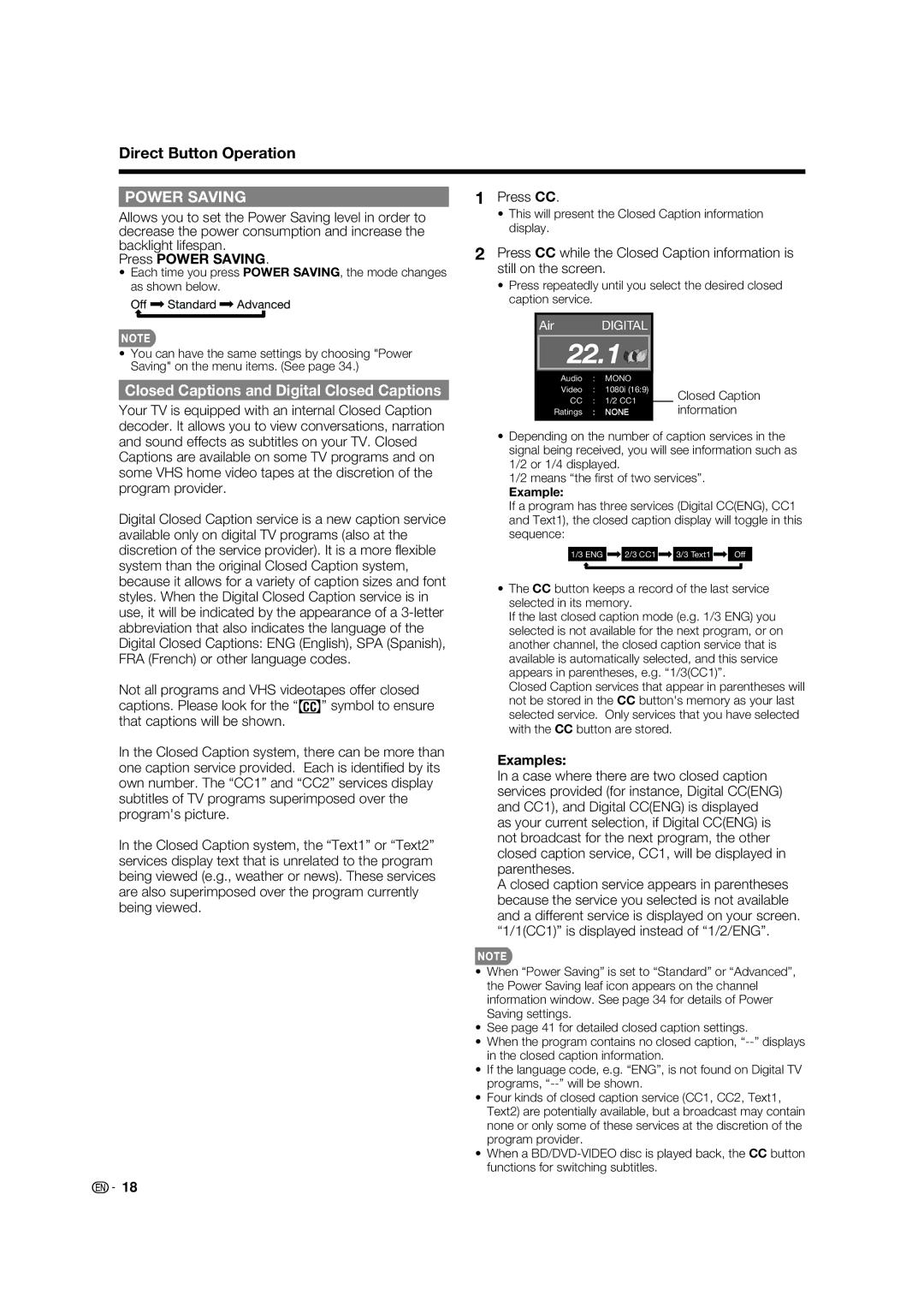 Sharp LC 46BD80UN operation manual Closed Captions and Digital Closed Captions, Press Power Saving, Example 