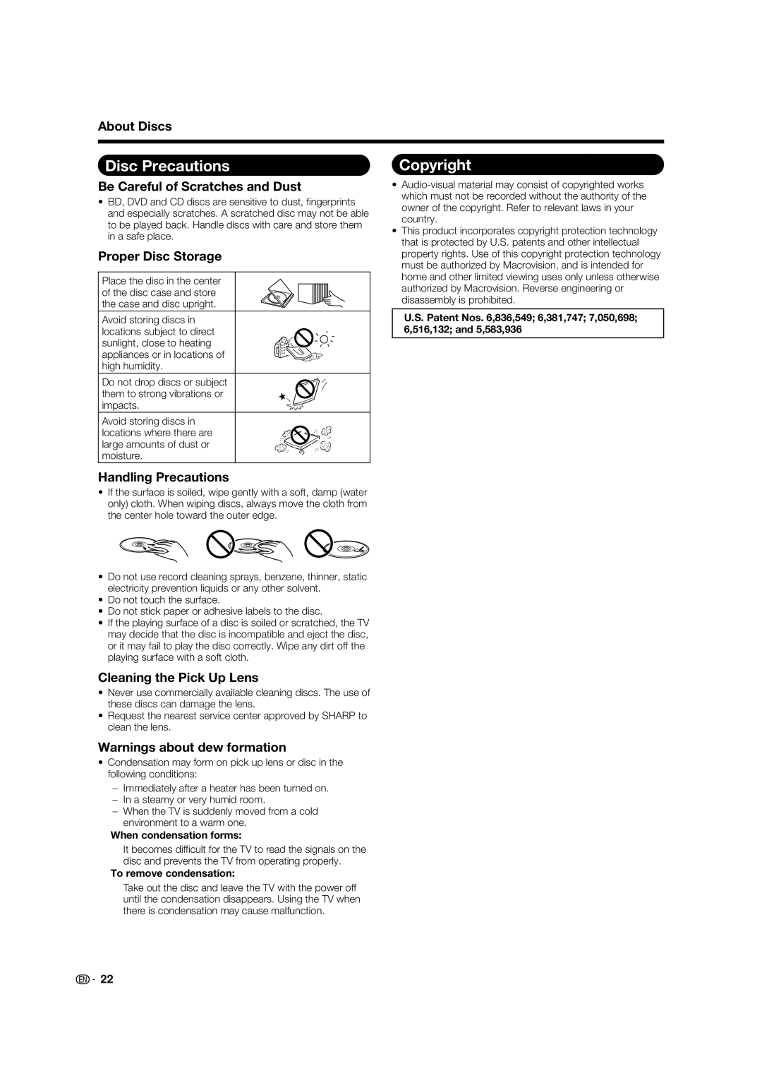 Sharp LC 46BD80UN operation manual Disc Precautions, Copyright 