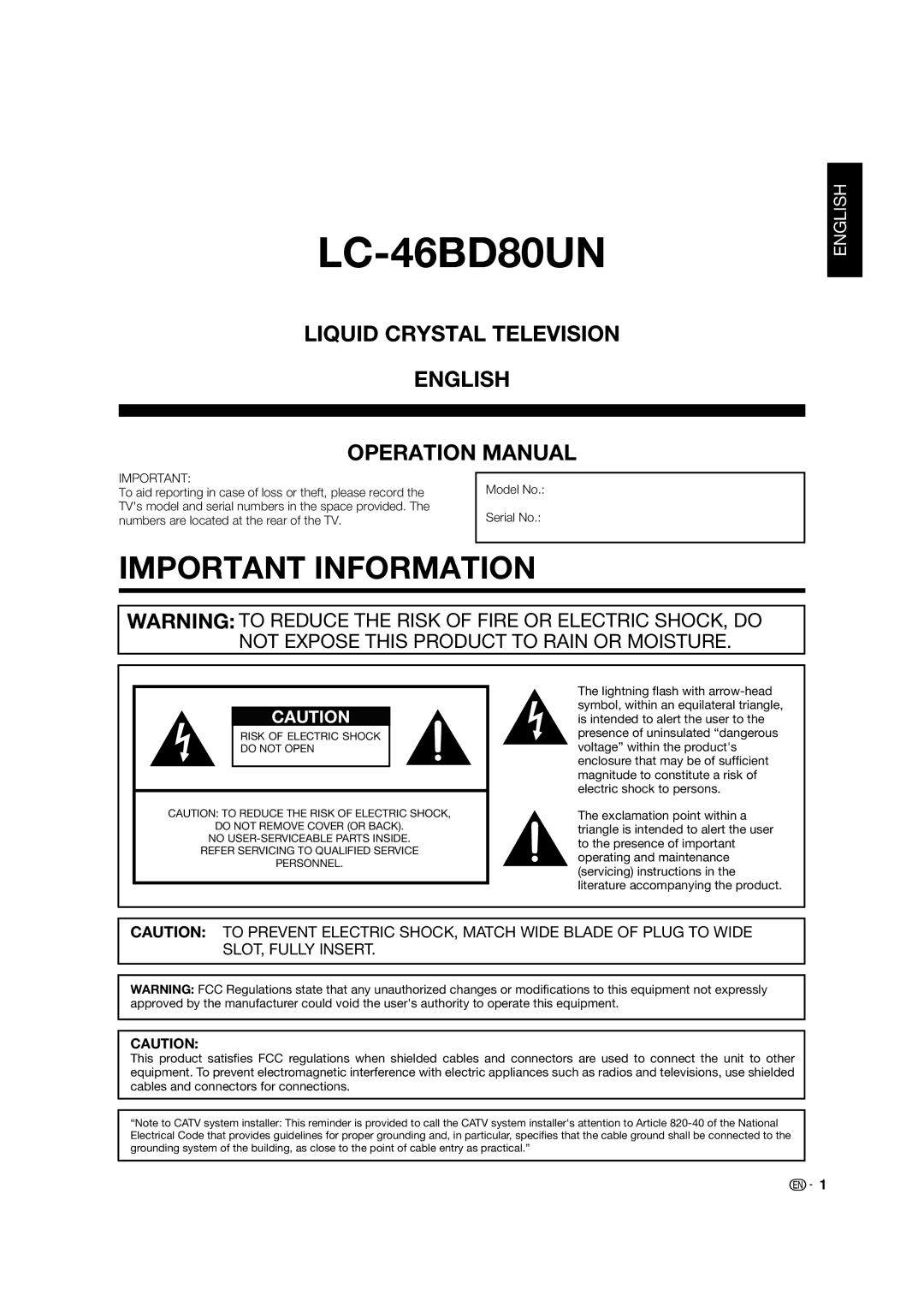 Sharp LC 46BD80UN operation manual LC-46BD80UN 