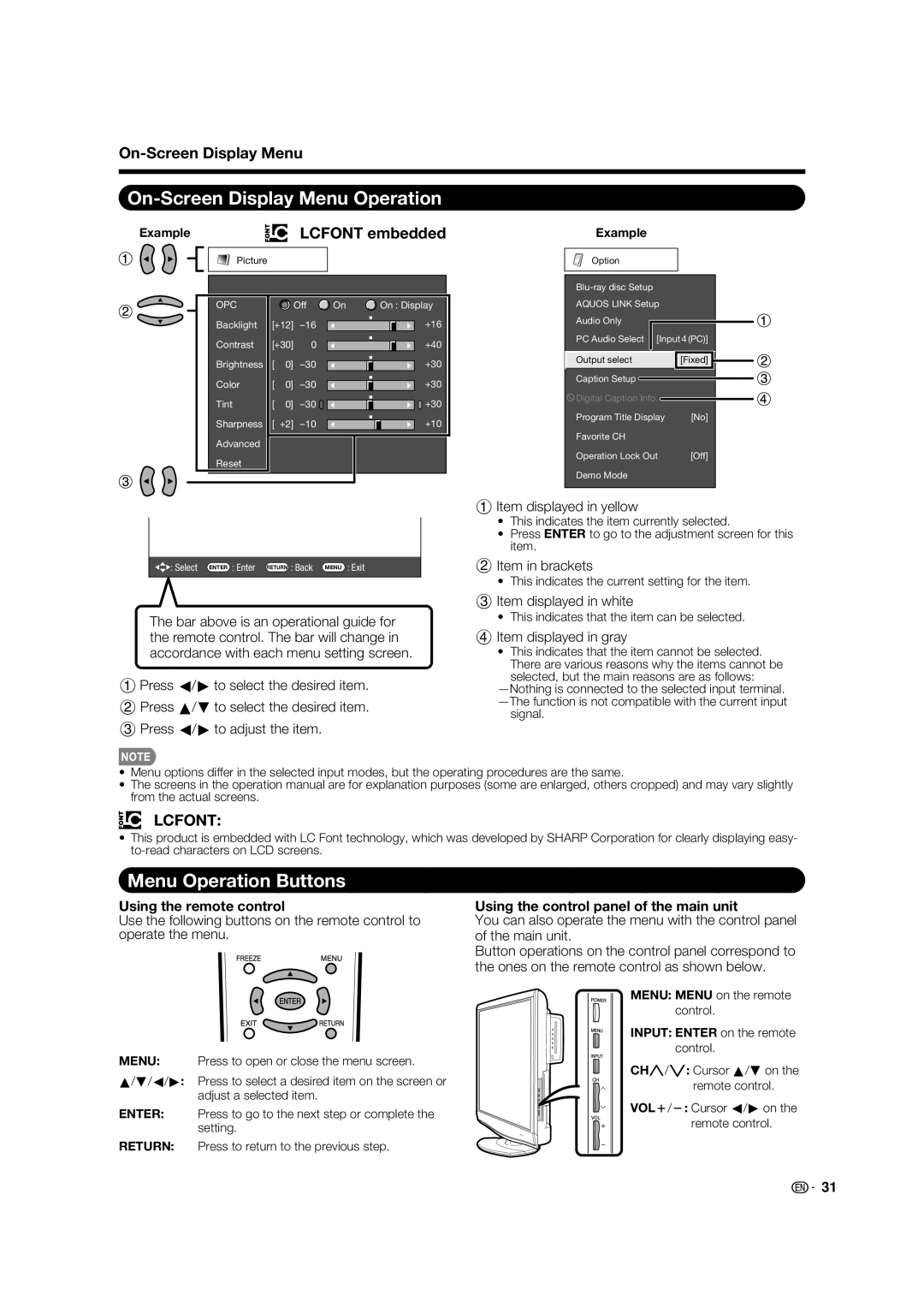 Sharp LC 46BD80UN operation manual On-Screen Display Menu Operation, Menu Operation Buttons, Lcfont embedded 