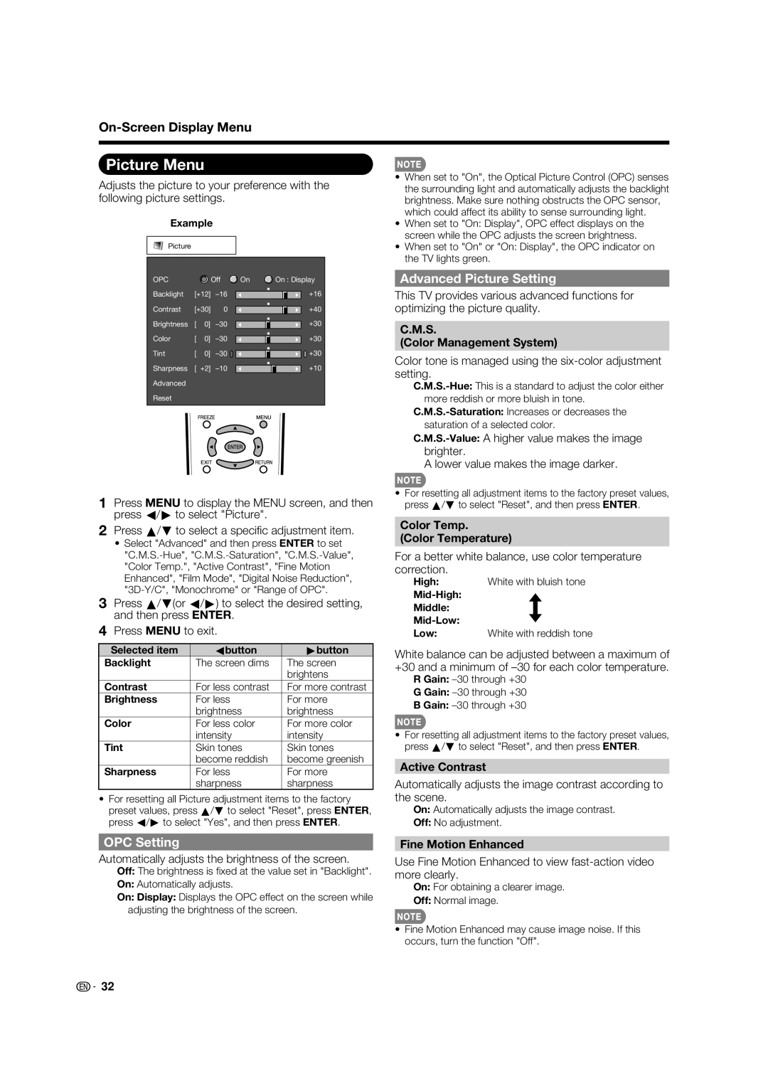 Sharp LC 46BD80UN operation manual Picture Menu, OPC Setting, Advanced Picture Setting 