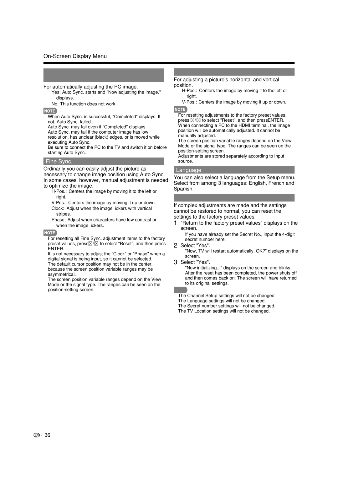 Sharp LC 46BD80UN operation manual Auto Sync For Analog PC Input Mode Only, Fine Sync, Position, Language, Reset 