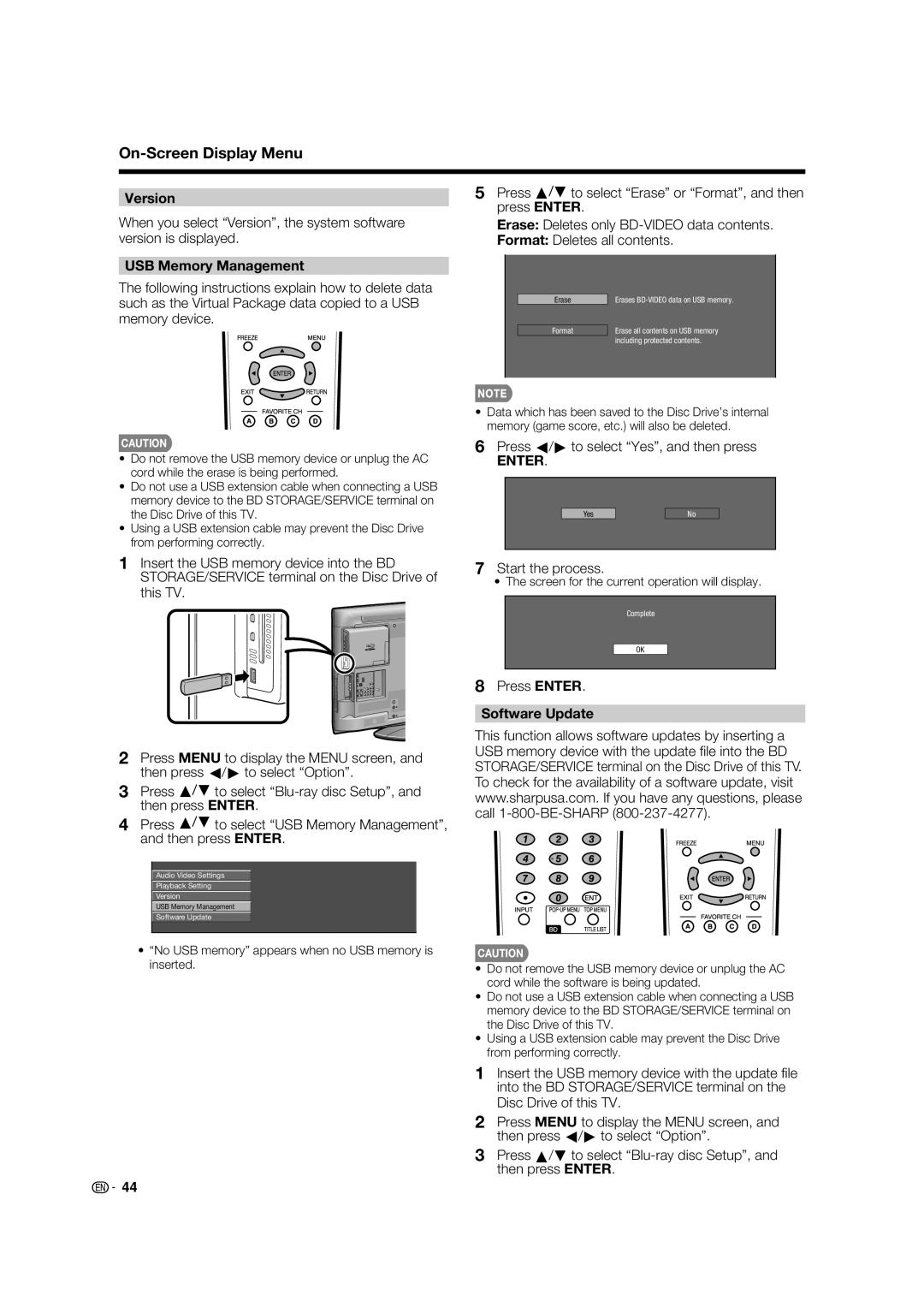 Sharp LC 46BD80UN Version, USB Memory Management, Press c/d to select Yes, and then press, Start the process 