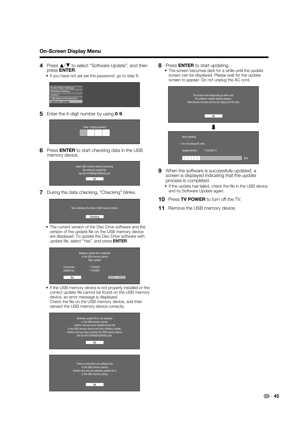 Sharp LC 46BD80UN Press a/b to select Software Update, and then press Enter, Enter the 4-digit number by using 