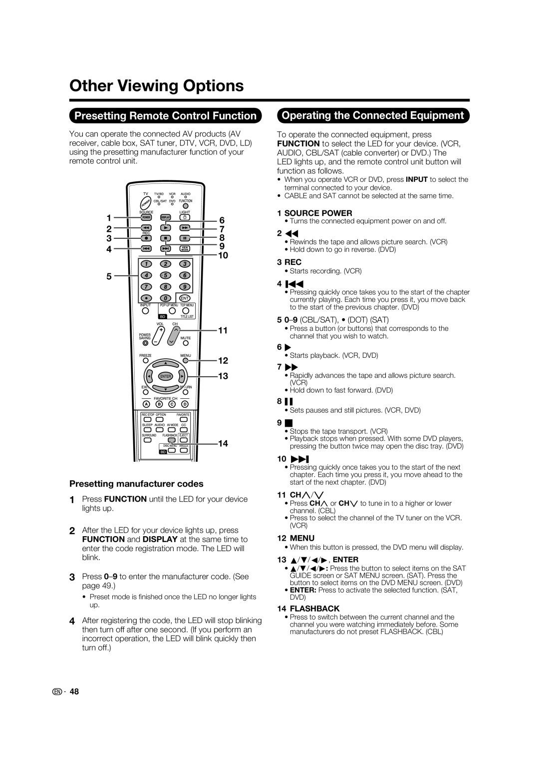 Sharp LC 46BD80UN operation manual Other Viewing Options, Presetting Remote Control Function, Presetting manufacturer codes 