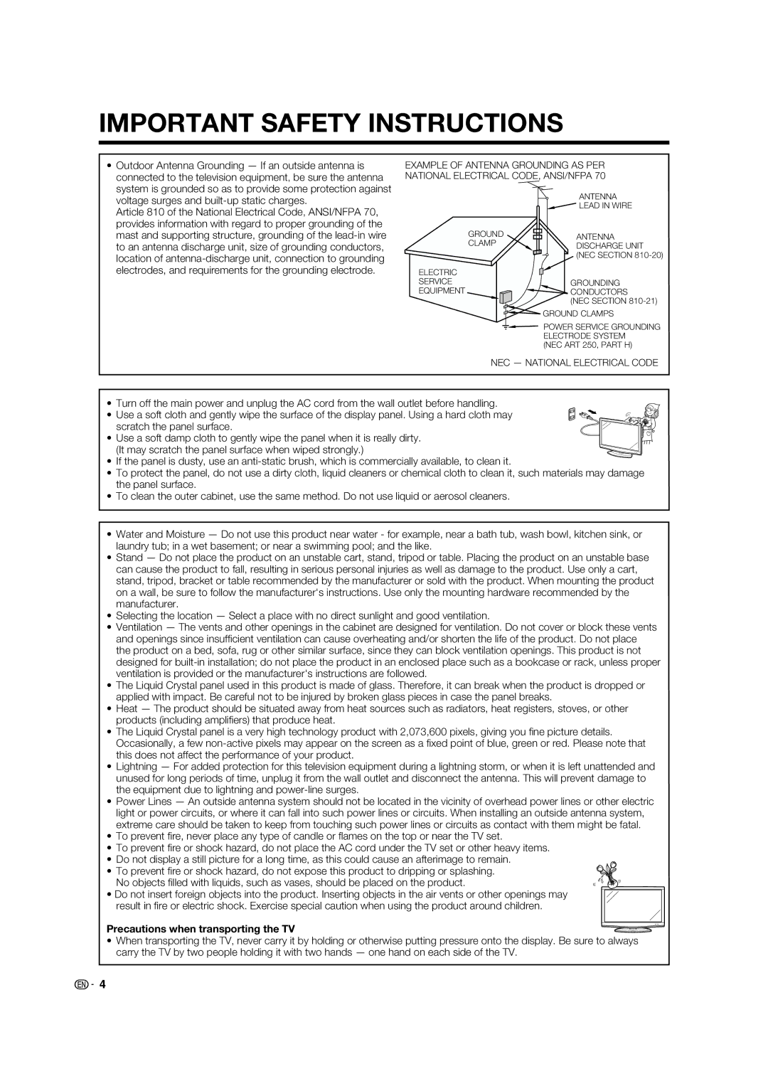 Sharp LC 46BD80UN operation manual Precautions when transporting the TV 