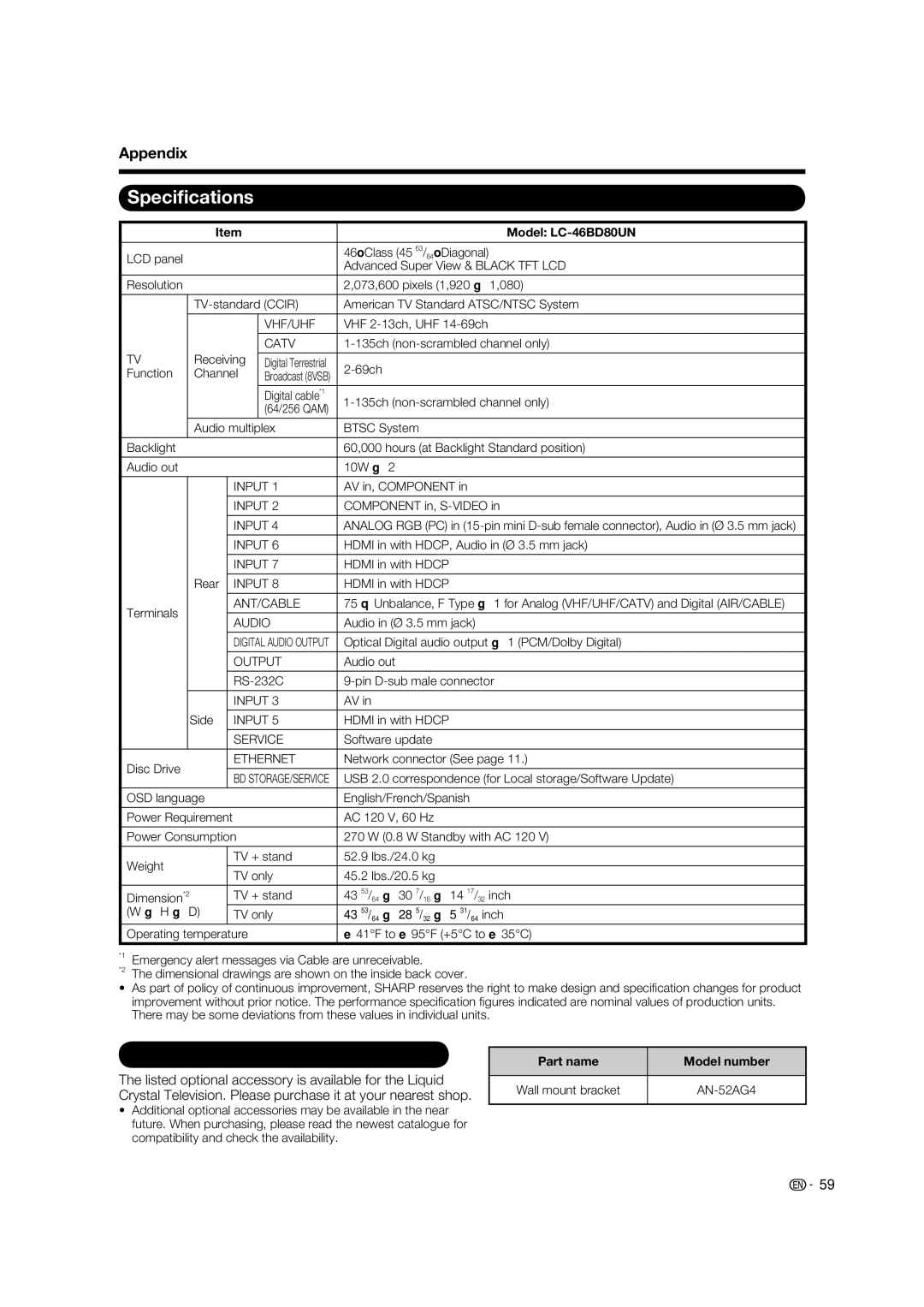 Sharp LC 46BD80UN operation manual Speciﬁcations, Optional Accessory, Model LC-46BD80UN, Part name Model number 