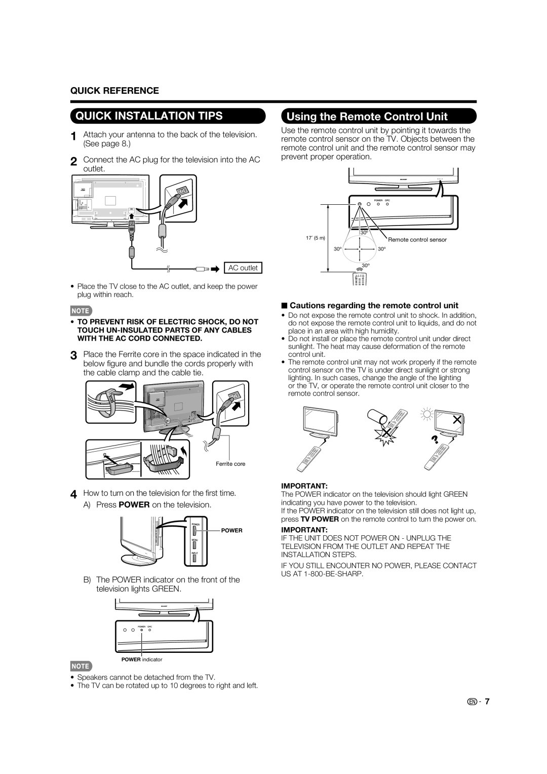 Sharp LC 46BD80UN Using the Remote Control Unit, Power indicator on the front of the television lights Green 